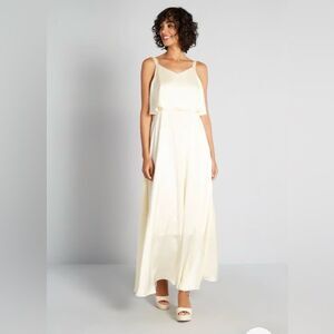 Modcloth Molly Bracken My New Chapter Maxi Dress Cream White Overlay Tie Bow Bac
